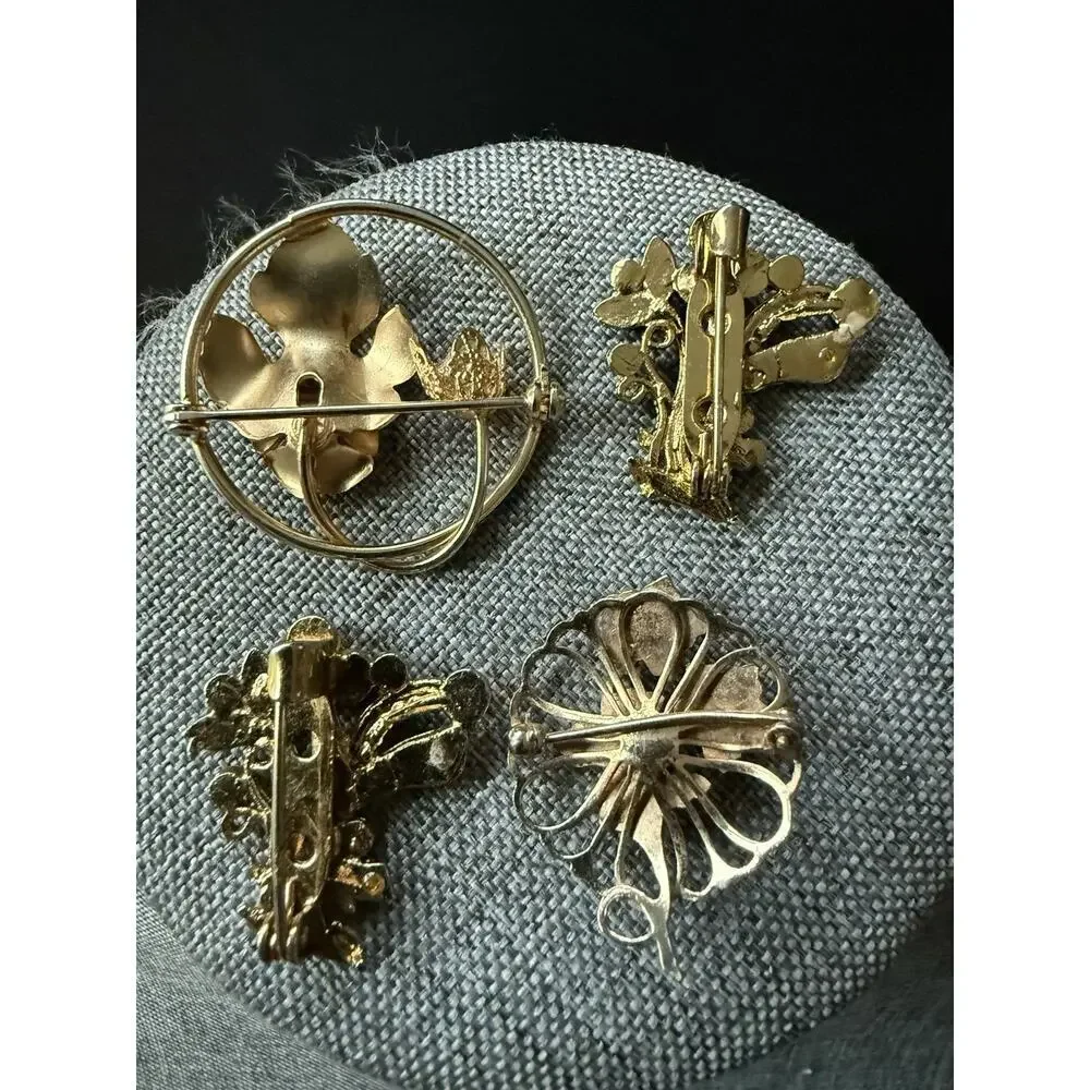 Vintage Brooch Bundle Rhinestone Gold Tone Flowers Scarf Lapel Pin Retro Whimsy